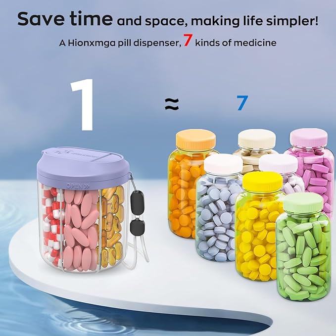 Pill Dispenser with 7 Large Compartments, Pill Organizer for Travel, Supplement Organizer with Anti-Mixing Design, BPA-Free Pill Container with 20 Pcs Labels, Purple