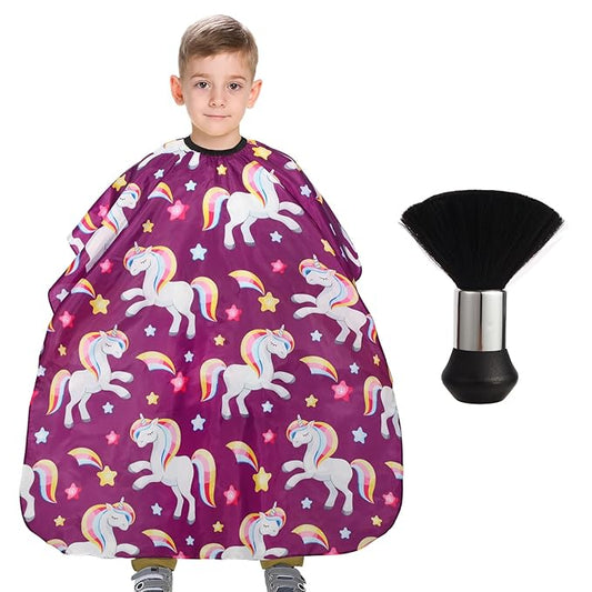 Kids Barber Cape with Neck Duster Brush, Professional Salon Hair Cutting Cape with Adjustable Snap Closure(unicorn)