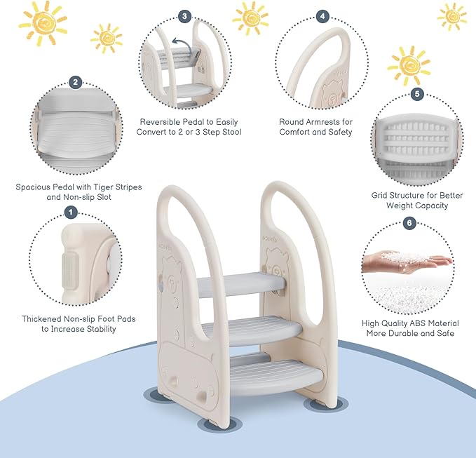 Toddler 3 Step Stool Onasti Kids Standing Tower for Toddlers Plastic Learning Helper Stool for Kitchen Counter Bathroom Sink Toilet Potty Training with Handles and Non-Slip Pads-Grey White