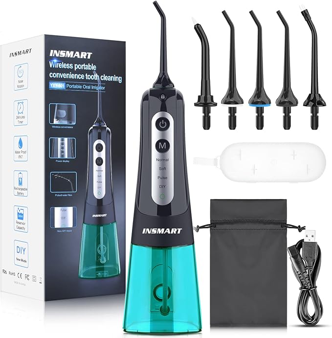 Cordless Water Dental Flosser Teeth Cleaner with Tips Case, INSMART Professional 300ML Tank DIY Mode USB Rechargeable Oral Irrigator for Home and Travel, IPX7 Waterproof 4 Modes Irrigate for Oral Care