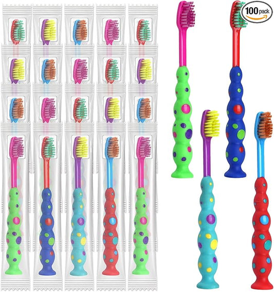 100 Pack Kids Toothbrush Soft bristles Toddler Lovely Toothbrush with Suction Cup Bulk, Includes Travel Covers, Individually Wrapped Toothbrushes for Kid Home School Daycare Camp (Candy)