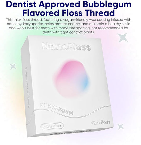 Something Nice NanoFloss Threader for Teeth, Vegan Dental Floss Thread, nHAP1000D Polyester Fiber Waxed with Nano Hydroxyapatite for Enamel Care Kid Friendly, Bubblegum Flavored, 42M