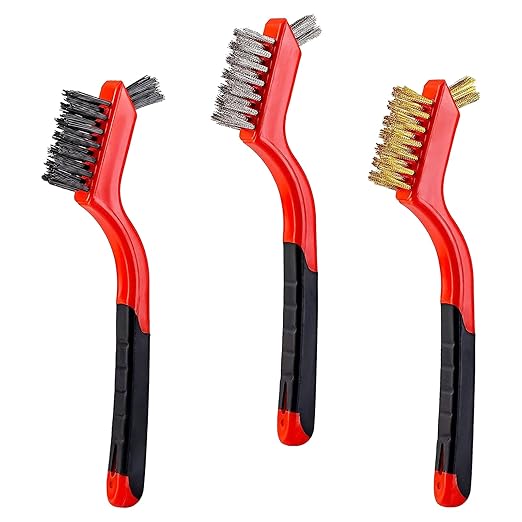 3Pcs Mini Wire Brush Set, Stainless Steel/Brass/Nylon Bristles Wire Brushes, Curved Handle Soft Grip for Rust, Dirt & Paint Scrubbing with Deep Cleaning – 7 Inches (Red)
