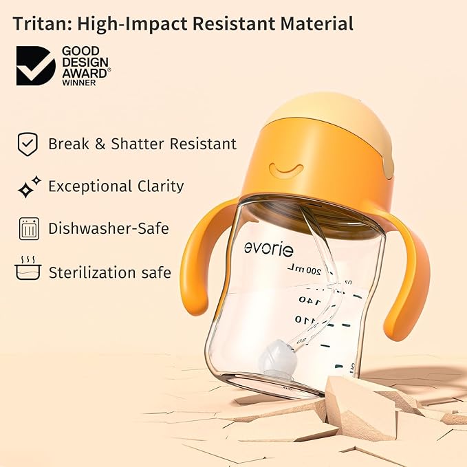 Evorie Tritan Weighted Straw Sippy Cup with Handles for Baby and Toddlers, Spill Proof Baby Water Bottle with Straw for 6 months and up, 7 Oz, Infant Training Water Bottle (Brown)