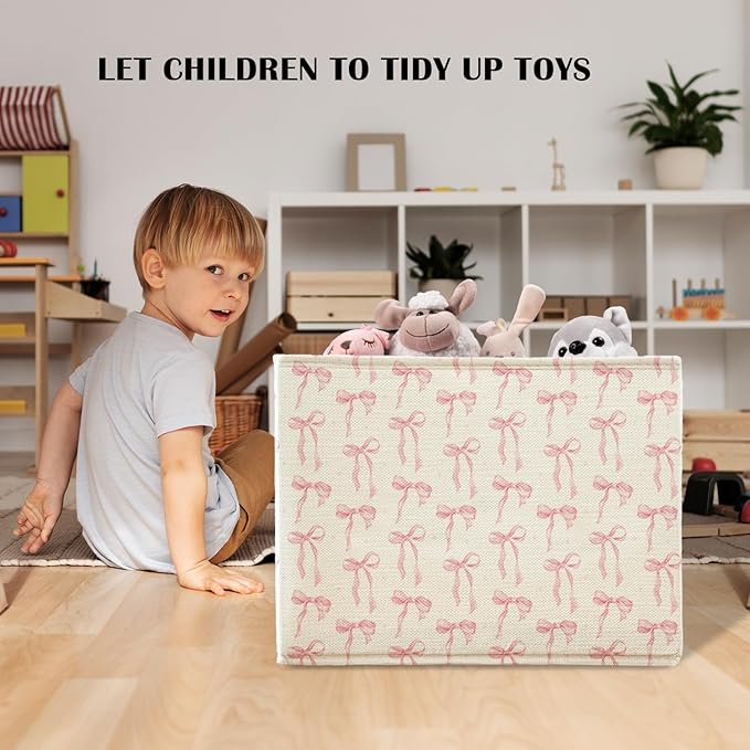 Coquette Pink Bow Storage Basket Bins With Handles for Girls Kids, Pink Bow Decor Foldable Organizer Basket Toybox for Girls Room Nursery Bedroom Bathroom Clothes Toys Books