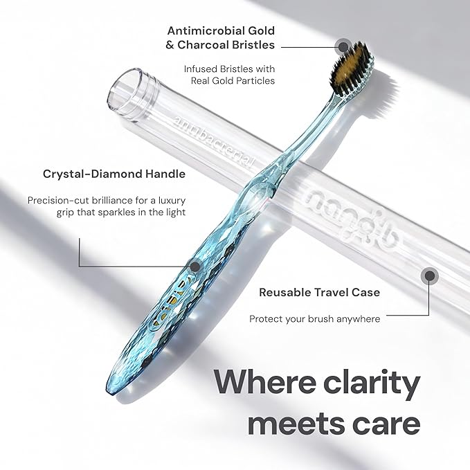 Nano-b Manual Toothbrush Set for Adults with Sensitive Gums, Gold & Charcoal Soft/Medium Bristles, Travel Cases, Blue, Pink, Green, Crystal, 12-Pack