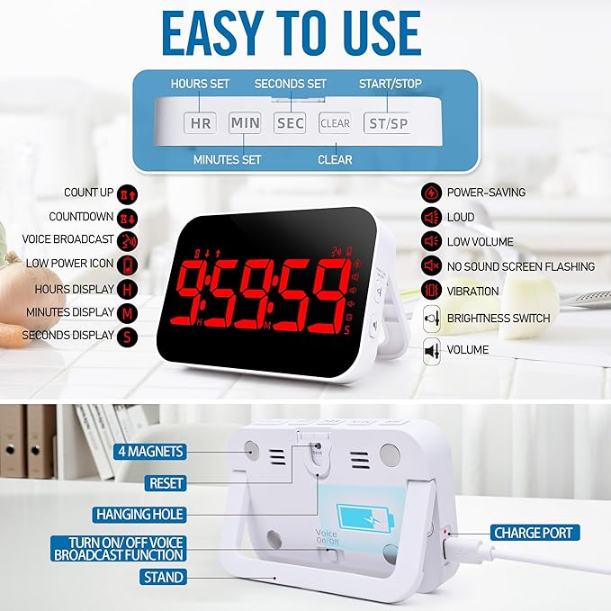 LED Timer （1.5" Number） with Voice Reminder, Digital Magnetic Timer, Countdown/Up, Rechargeabilit, Brightness Display, 3 Volume Levels and Vibration Mode, for Classroom, Study (red)