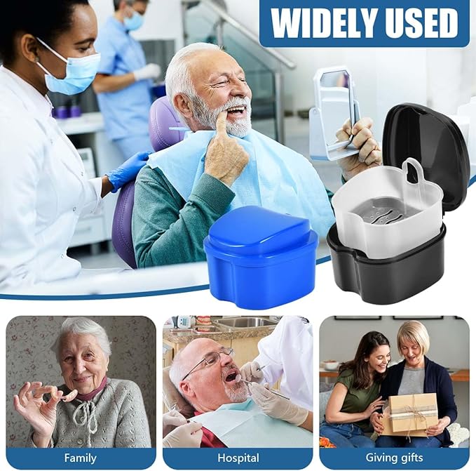 2 Pack Colors Denture Bath Case Cup Box Holder Storage Soak Container with Strainer Basket for Travel Cleaning (Blue and Black)