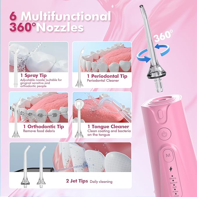 Water Flosser Teeth Pick: 5 Modes Cordless Water Dental Floss 300ML Portable Rechargeable IPX7 Waterproof Electric Water Flossing Cleaning Picks with 6 Jet Tips Oral Irrigator Cleaner, Pink