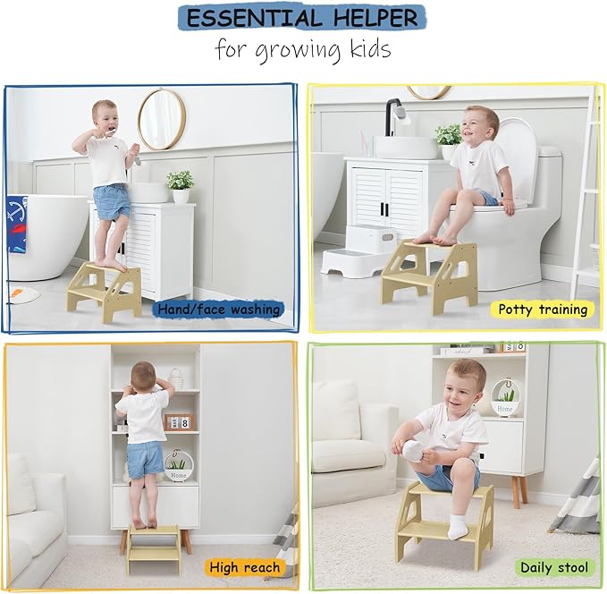 2 Step Stool for Toddlers Bathroom Sink, Kids Step Stool for Toilet Potty Training, Baby Child Toddler Stepping Ladder with Handles for Kitchen Counter Bedroom Nursery Bed (Natural Wood)