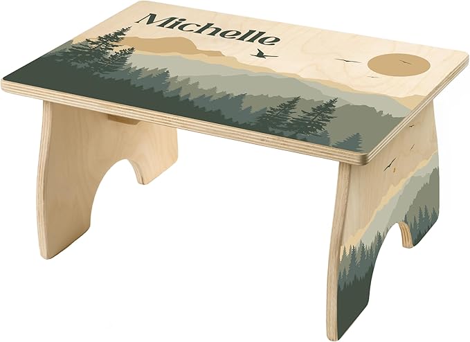 Mountain Step Stool for Toddlers- Personalized Wood Kids Step Stool with Name for Kitchen Sink, Bathroom, Potty Training, Toilet, Kitchen Sink- Sturdy and Safe- Made in USA by BloomOwl (Mountains)