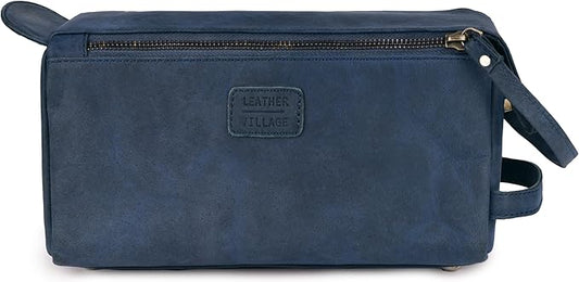 LEATHER VILLAGE Premium Leather Travel Toiletry Bag - Unisex Water-Resistant Travel Bag for Toiletries, Shaving & Cosmetic Organizer for Men & Women - Compact Bathroom Essentials - Royal Blue