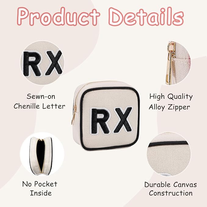 2Pcs Small Canvas Rx MEDS Medicine Packages, Cute Chenille Letter Patch Drug Makeup Bag with Metal Zipper, Mini Travel First Aid Purse Organizer Machine Washable (05RX and MEDS)