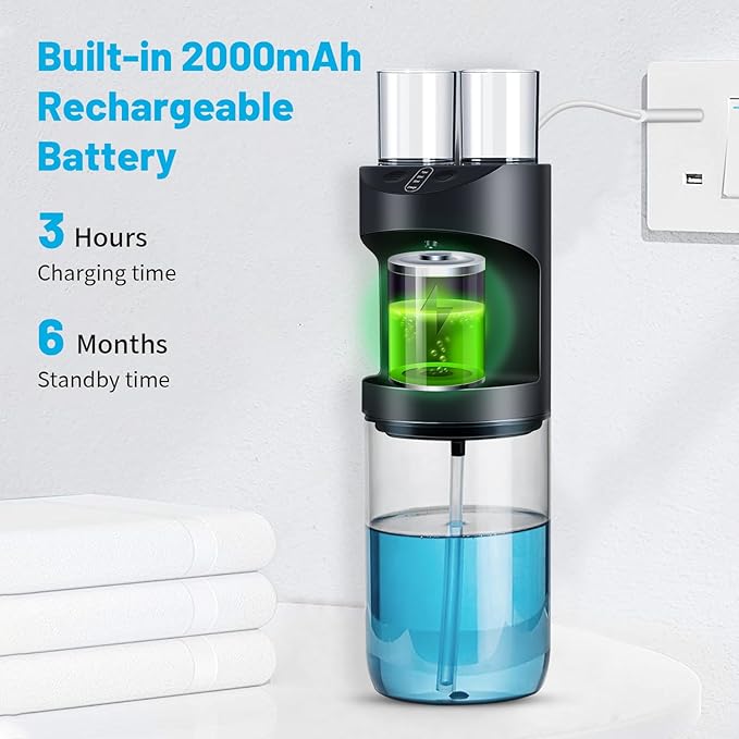 Automatic Mouthwash Dispenser, 19.35oz Touchless Electric Wall-Mounted & Countertop, Rechargeable Mouth Wash Dispensers for Bathroom with Magnetic Cups for Kids & Adults, Black