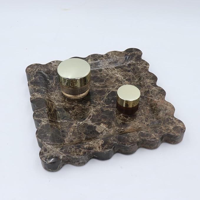 Square Marble Decorative Tray with Scalloped Edge, Luxury Natural Stone Bathroom Vanity Tray, Dresser Top Perfume Coffee Home Kitchen Sink Tray, Key Trinket Ring
