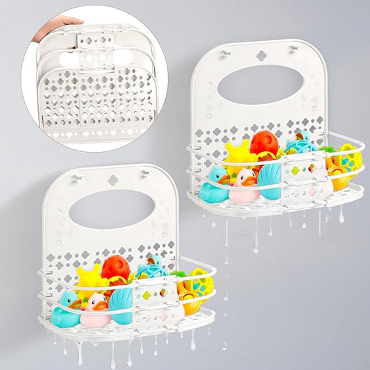 Yungyan 2 Pcs Bath Toy Storage Holder for Bathtub Foldable Bath Toy Organizer 10.6 x 10.6 x 6.7'' Bathtub Storage Shower Caddy for Toddlers Bedroom Bathroom