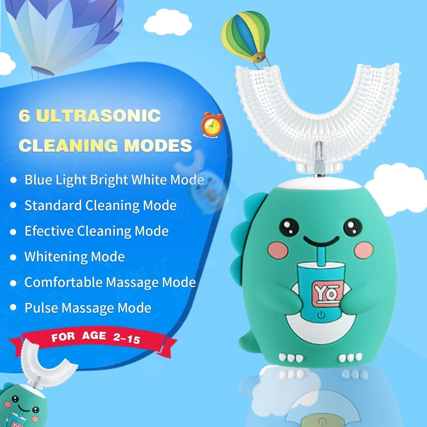 Kids U Shaped Electric Toothbrush，auto Sonic Baby Toothbrush，Cartoon Dinosaur 360-Degree Cleaning IPX7 Waterproof Design （8-15y）