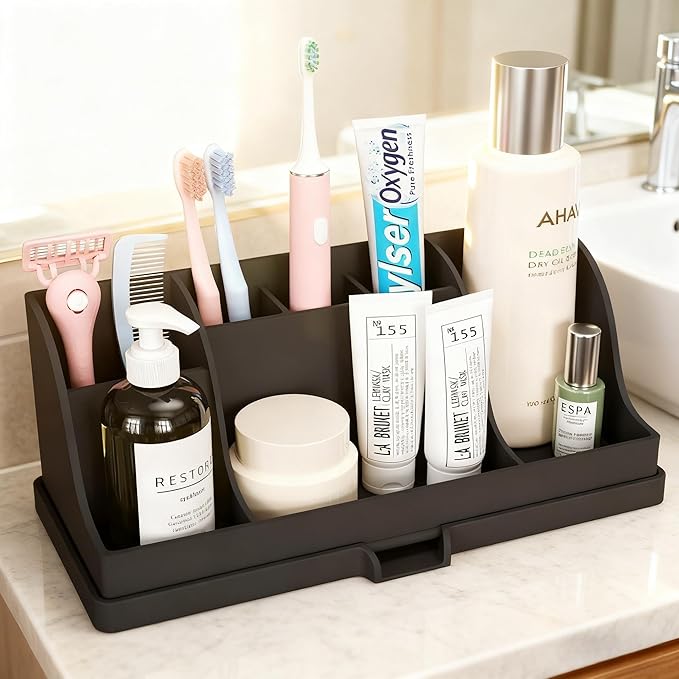 Large Toothbrush and Toothpaste Holder with Drain Tray, Black Silicone Shower Bathroom Vanity Organizer, 7 Compartments Bathroom Organizer Countertop Toothbrush Caddy