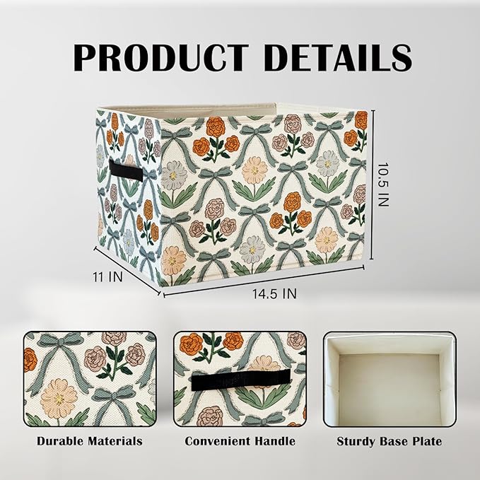 Coquette Blue Bow Floral Rectangular Storage Basket Organizer Bin Box with Handles,Girls Room Decorative Storage Baskets Toybox for Girls Room Dorm Bedroom Bathroom Clothes Toys Books