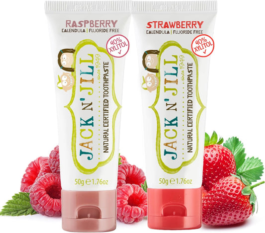 Jack N' Jill Natural Toddler Toothpaste - Fluoride Free Training Toothpaste for Toddlers 1-3, 40% Xylitol, BPA Free - Strawberry & Raspberry, 1.76 oz (2 Pack)