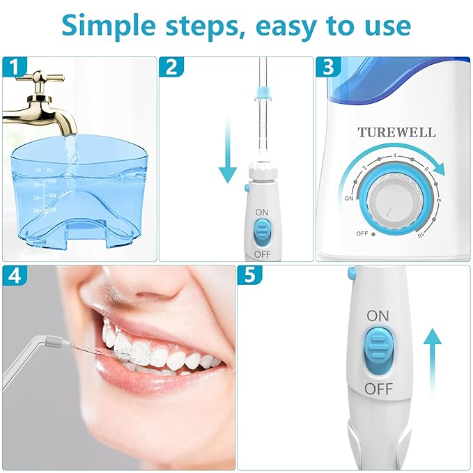 TUREWELL Water Dental Flosser for Teeth/Braces, Water Teeth Cleaner 8 Jet Tips and 10 Pressure Levels, 600ML Large Water Tank Oral Irrigator for Family(White)
