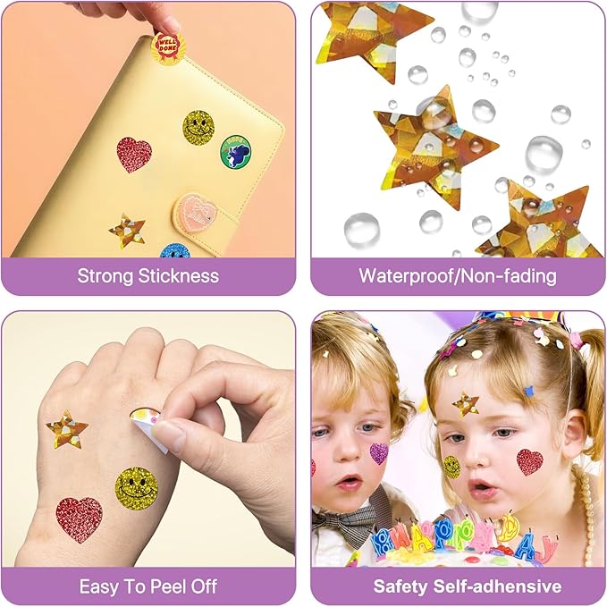 Manual Sticker Dispenser for Rolls of Stickers with 1520Pcs 1Inch Gold Star,Red Heart,Smiley Face Stickers for Kids Reward,Behavior Chart,School Classroom Student Teacher Supplies Gift(Purple)