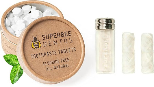 SuperBee Dentos Toothpaste Tablets & Dentos Floss, 100 Tabs, Fluoride Free & Eco Friendly, Travel Mouthwash Tablets, Sensitive Bites Kids Adults, Chewable Tablet, Spearmint