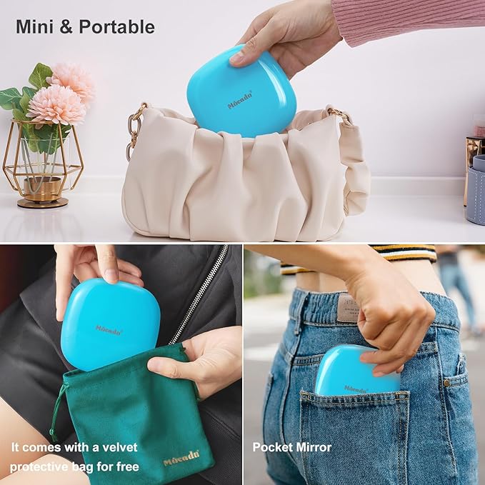 Mocado Compact LED Travel Makeup Mirror - 4 Inches 1X/10X Magnification Travel Mirror with Light Dimmable Double Sides Lighted USB Rechargeable Compact Mirror for Purse,Pocket,Travel(Blue)