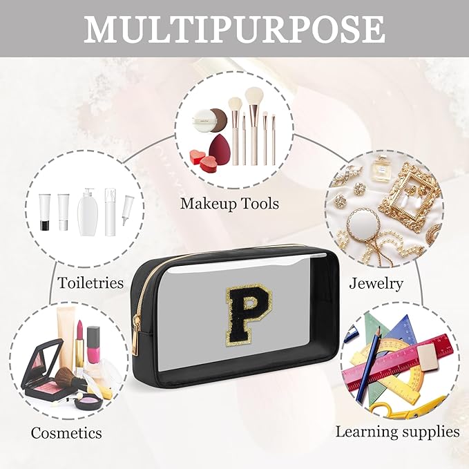 Small Clear Personalized Initial Makeup Bag, Preppy Nylon A-Z Chenille Letter Patch Makeup Organizer TSA Approved Travel Toiletry Bag,Waterproof Zip Beach Cosmetic Pouch Purse for Women(Black-Black P)