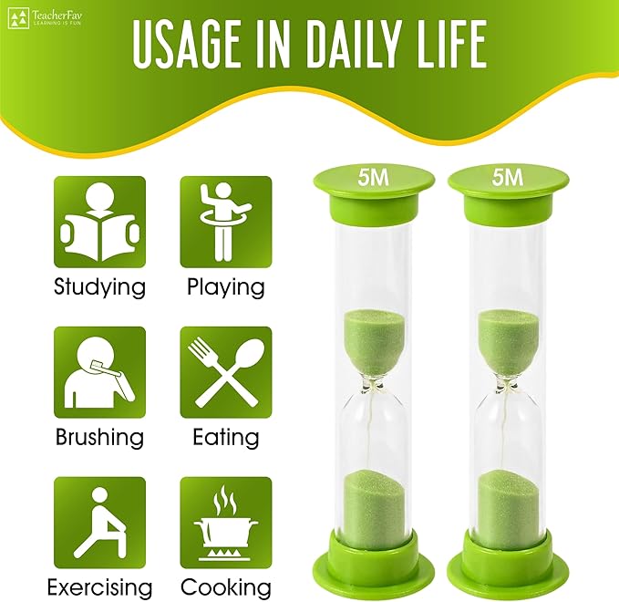 Sand Timer for Kids - 5 Minute Set of 4 Hour Glass - Green Color- Acrylic Covered for Classroom, Home & Kids Room
