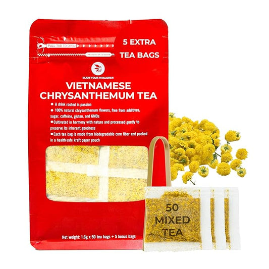 INJOY YOUR VITALGRI:N Vietnamese Chrysanthemum Tea - 55 Count (+5 Tea Bags) Bamboo Tong Included - 4.23 oz, Re-Steep Chrysanthemum Floral Scent Herbal Tea for Detox, Sleep, Relax Support, Daisy