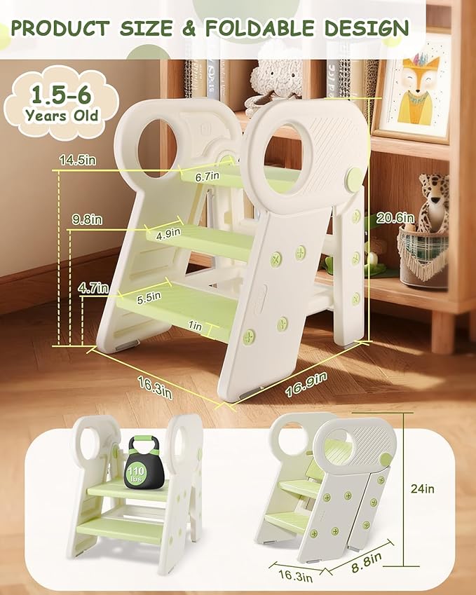 Foldable Step Stool for Toddlers, Adjustable 3 Step Stool for Bathroom Sink, Toilet Potty Training Stool with Handles, Child Kitchen Counter Bedroom Bed Stool Helper