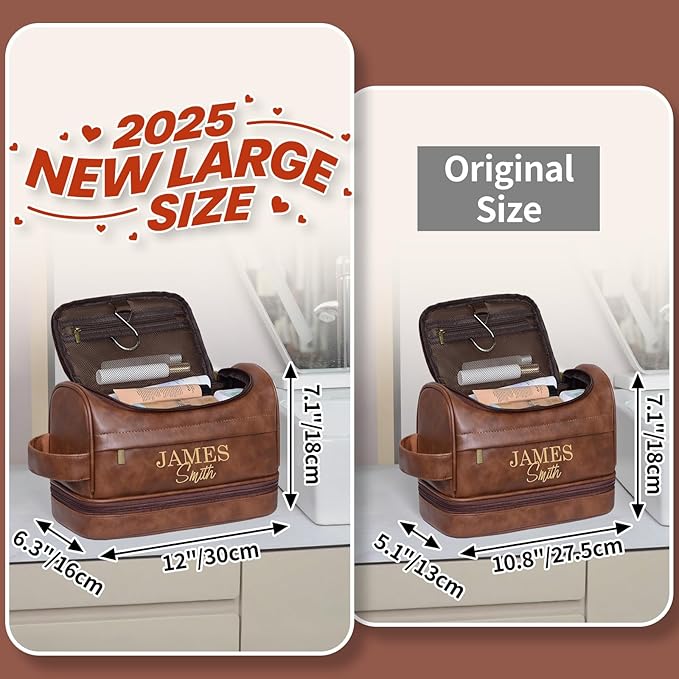 Personalized Toiletry Bag For Men, Large Capacity Travel Doop Kit, Vintage Color PU Leather, Custom Name Initials, Gifts for Dad, Husband, Boyfriend, Groomsmen, Birthday (Style 3)