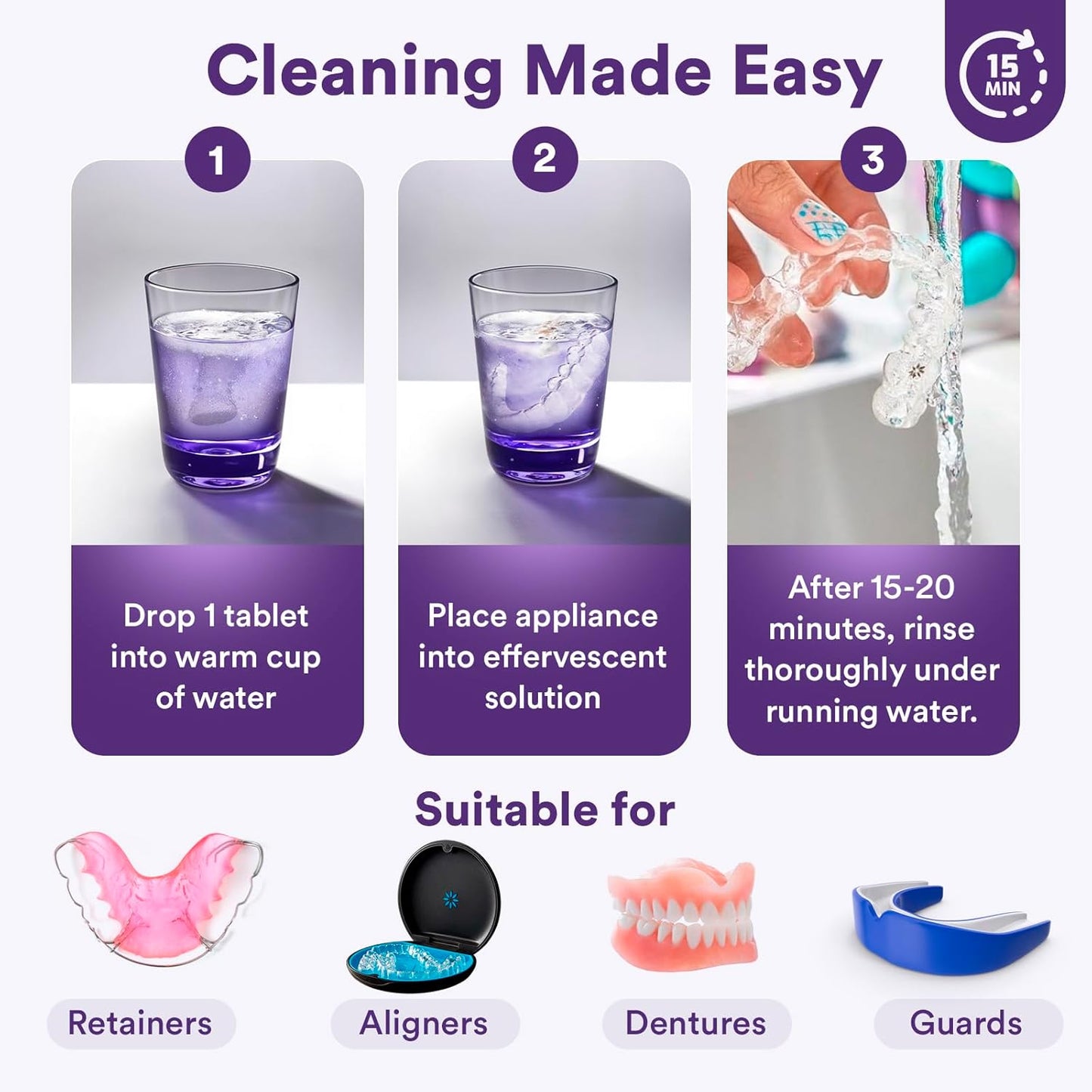 Weiss Naturals Retainer Cleaner Tablets, Invisalign Cleaner, Remove Stains, Odors & Plaque, PERSULFATE FREE Night Guard & Denture Cleaner 1-Month Supply, 30 Grape Scented Tablets