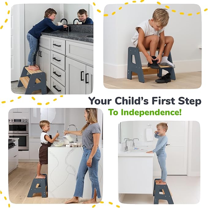 OCODILE 2-Step Wooden Step Stool for Toddlers | Kids Stool for Bathroom Sink & Kitchen Use | Non-Slip Step | Wooden Stool for Children Ages 2+ Years Gray