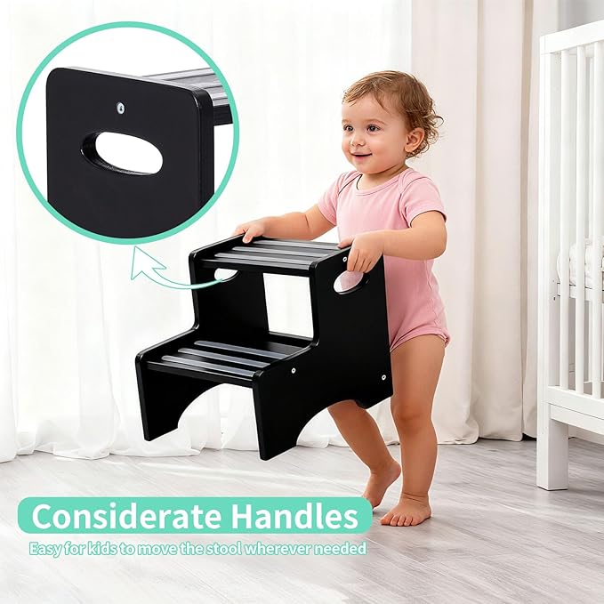 Wooden Step Stool for Kids, Toddler 2 Step Stool with Non-Slip Pads & Handles, Heavy Duty Potty Training Stool for Bathroom Sink, Toilet, Kitchen, Bedroom (Black)