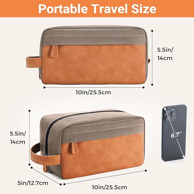 Elviros Travel Toiletry Bag for Men, Hanging Toiletries Bag Water Repellent Dopp Kit PU Leather Travel Bag for Toiletries Accessories, Khaki
