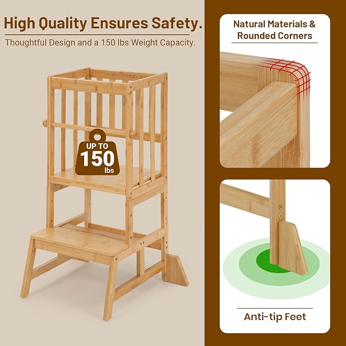 COSYLAND Height Adjustable Toddler Standing Tower - Toddler Kitchen Stool Helper Natural