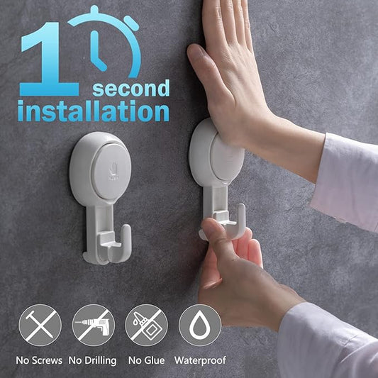 LEVERLOC Heavy Duty Suction Cup Shower Hooks 4 Pack, Damage-Free Shower Hangers for Inside Bathroom Wall, Powerful Vacuum Suction Towel Hooks, Loofah Holders, Easy to Install and Remove, White