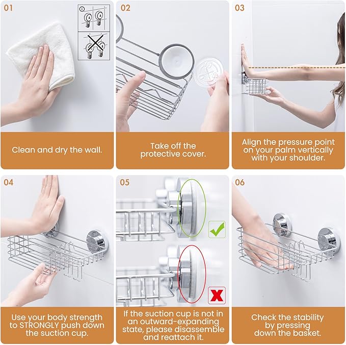 LEVERLOC Shower Caddy Suction Cup, 2 Pack Heavy Duty Bathroom Organizer for Inside Shower with Hooks & Soap holder, Removable and Rustproof Silver bathroom Holder Storage