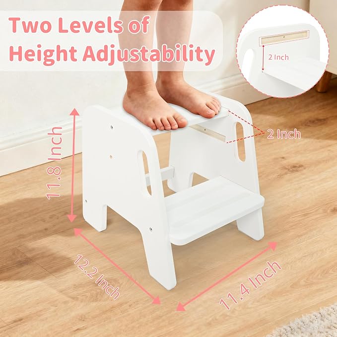 WOOD CITY Toddler Step Stool, Wooden 2 Step Stools for Bathroom Sink Potty Training Kitchen Dual Height Stool Helper for Kids Bonus Non-Slip Pads and Handles for Safety (White)