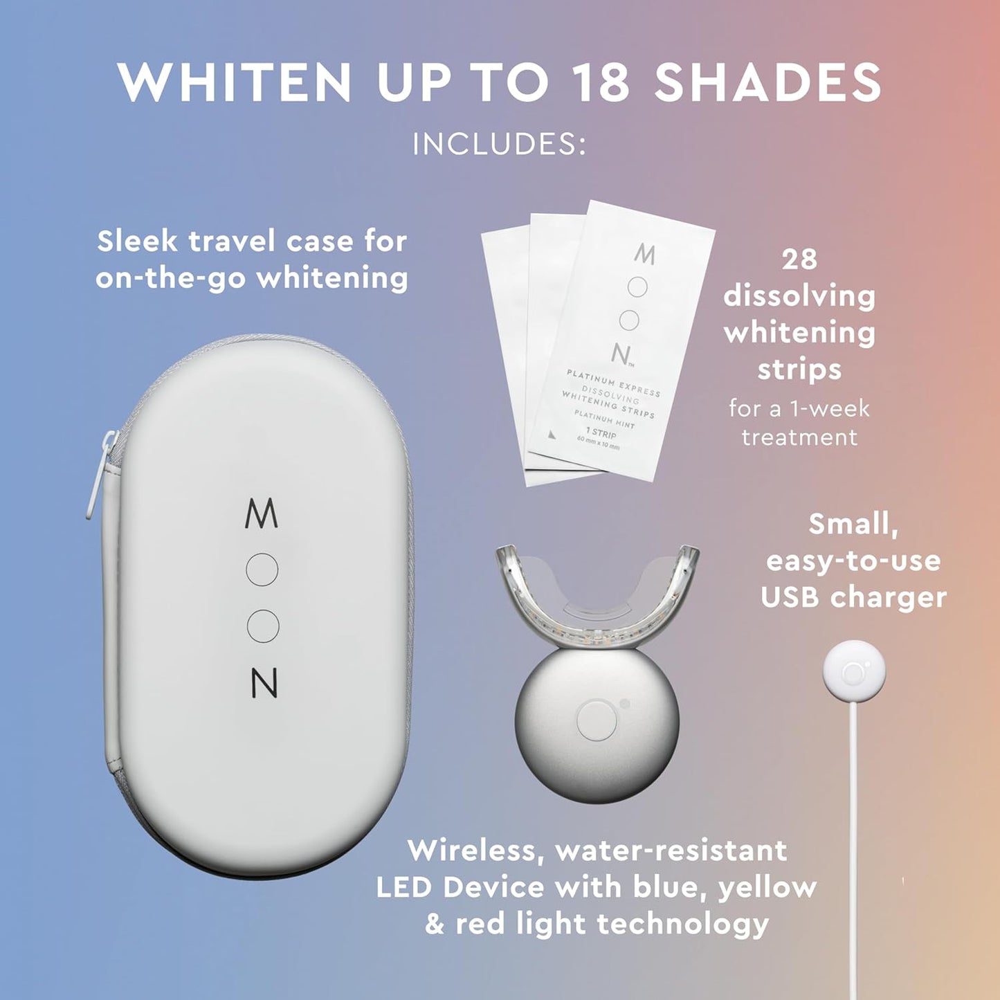 MOON LED Teeth Whitening Kit - Platinum Teeth Whitener Device + 28 Dissolving White Strips - Yellow, Blue, + Red Light Therapy Whitening Tray for Gum Health and Fresh Breath (4 Piece Kit)