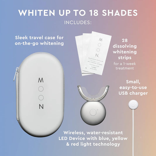 MOON LED Teeth Whitening Kit - Platinum Teeth Whitener Device + 28 Dissolving White Strips - Yellow, Blue, + Red Light Therapy Whitening Tray for Gum Health and Fresh Breath (4 Piece Kit)