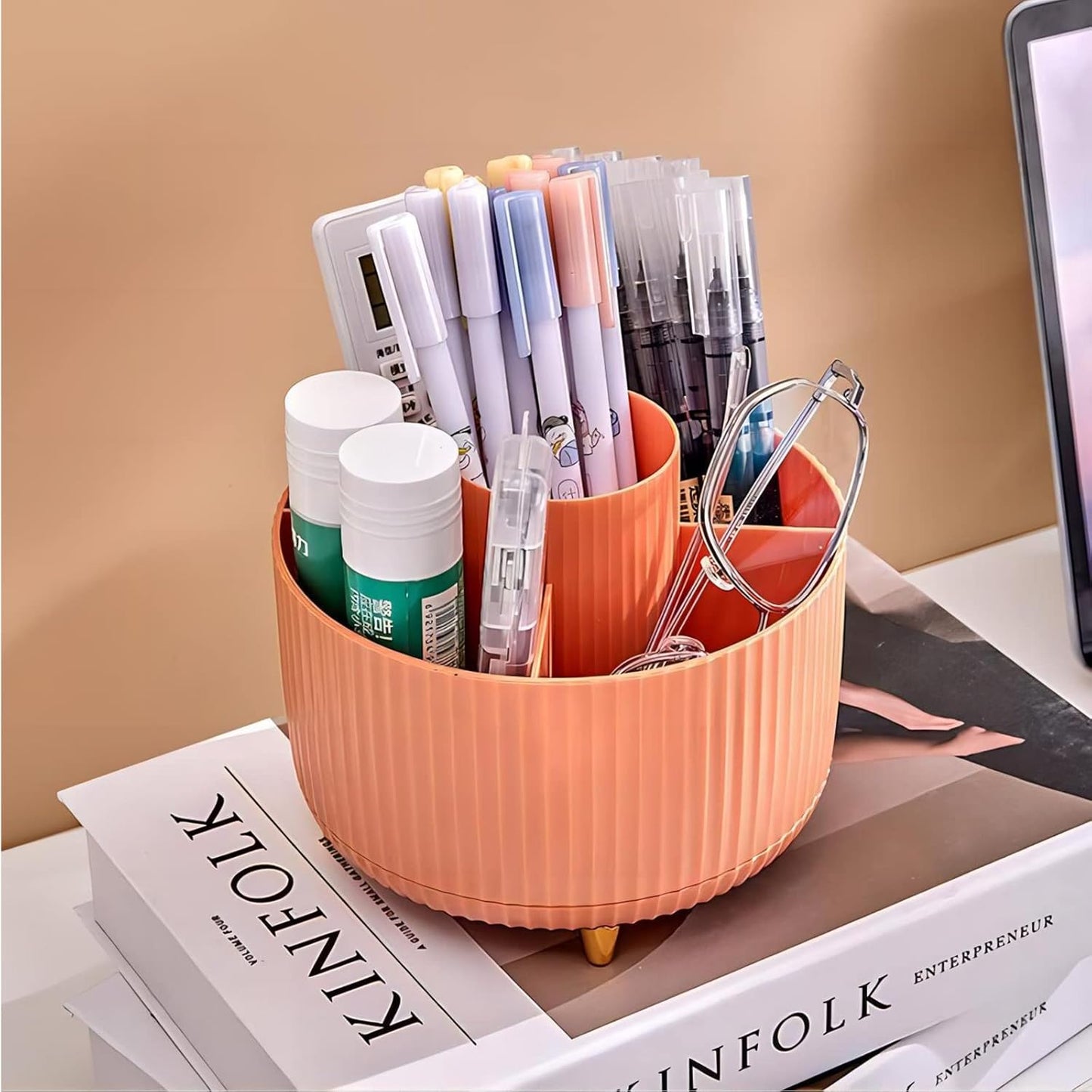 DASITON Large Capacity Makeup Brush Holder,360° Rotating Makeup Organizer,5 Slot Makeup Brushes Cup,for Vanity Decor,Bathroom Countertops,Desk Storage Container,Cosmetic Display cases(Orange)