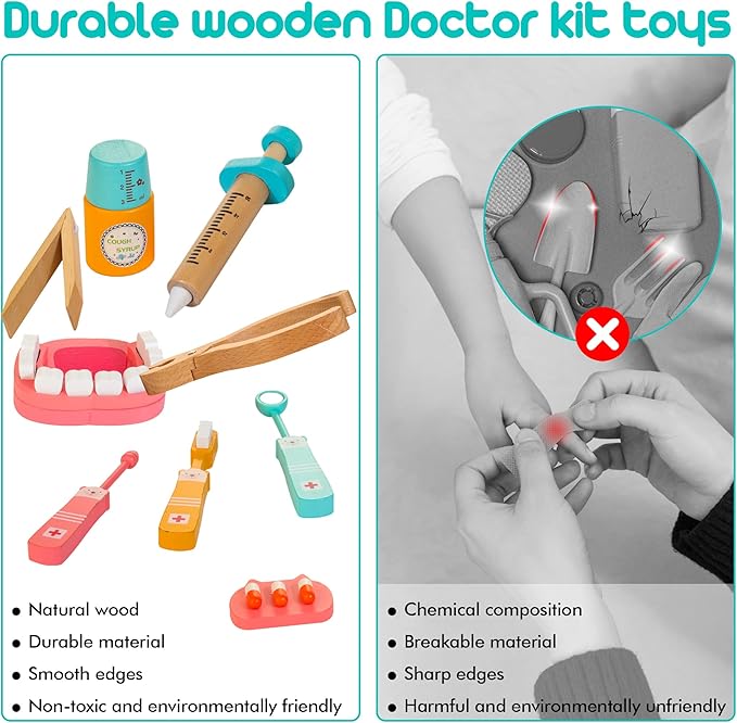 Wooden Dentist Kit for Kids, 41 Pieces Toy Medical Kit with Stethoscope & Medical Storage Bag, Montessori Pretend Doctor Kit Toys for 3 4 5 6 Years Old Boys Girls