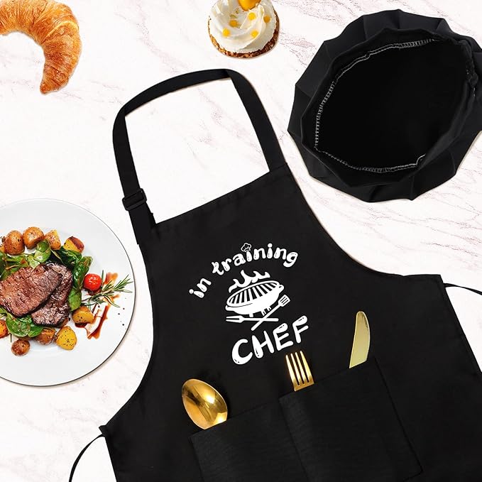 Kids Apron and Chef Hat Set, “CHEF in training” Funny Apron Adjustable Kitchen Apron Cooking Baking Painting with 2 Pockets for Boys and Girls