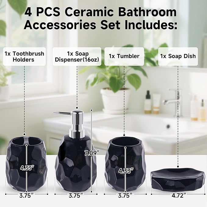 Ceramic Bathroom Accessories Set 4 PCS,Bathroom Toothbrush Holder Set,Soap and Toothbrush Holder Set,Include Toothbrush Holder,Soap Dispenser,Soap Dish,Tumbler,Bathroom Sets Decor Organizer (Black)