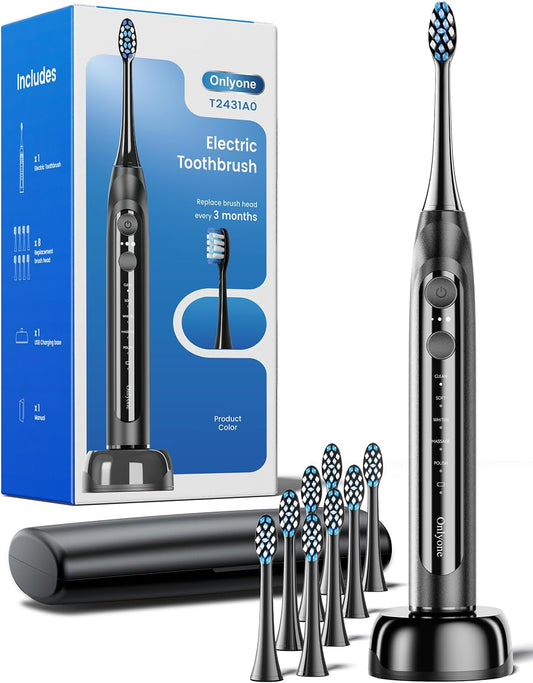 Onlyone Sonic Electric Toothbrush for Adults, Rechargeable Ultrasonic Electric Toothbrush with 8 Brush Heads, Travel Case, Charging Base & Wireless Charging - 5 Modes with Smart Timer