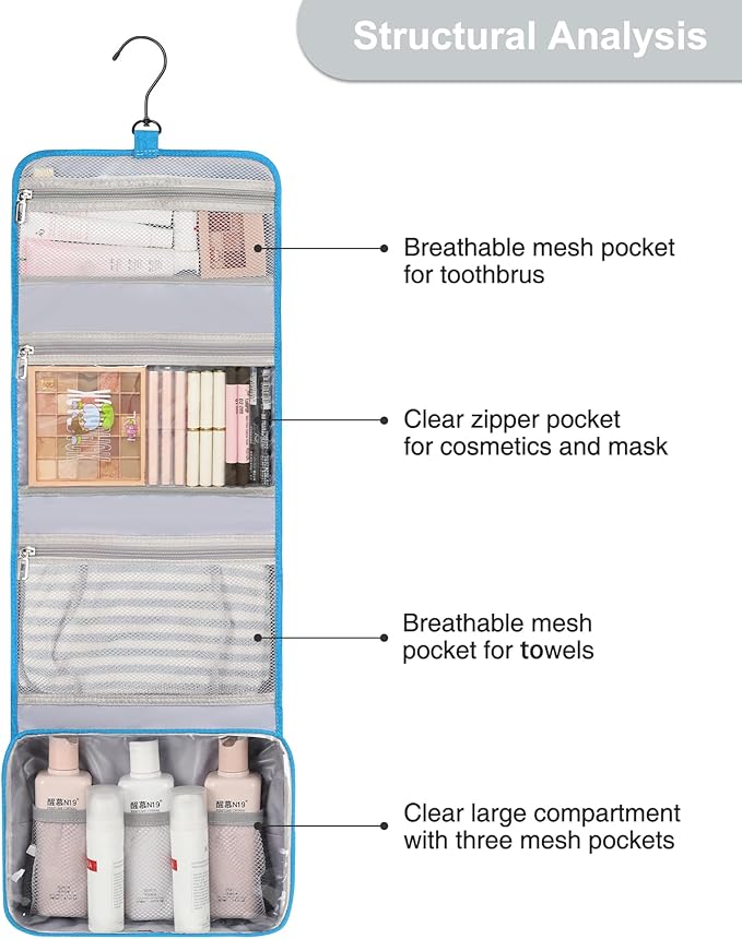 Relavel Travel Hanging Toiletry Bag for Women Men Large Capacity Makeup Bag Waterproof Cosmetic Storage Organizer Case for Bathroom Shower (Blue)