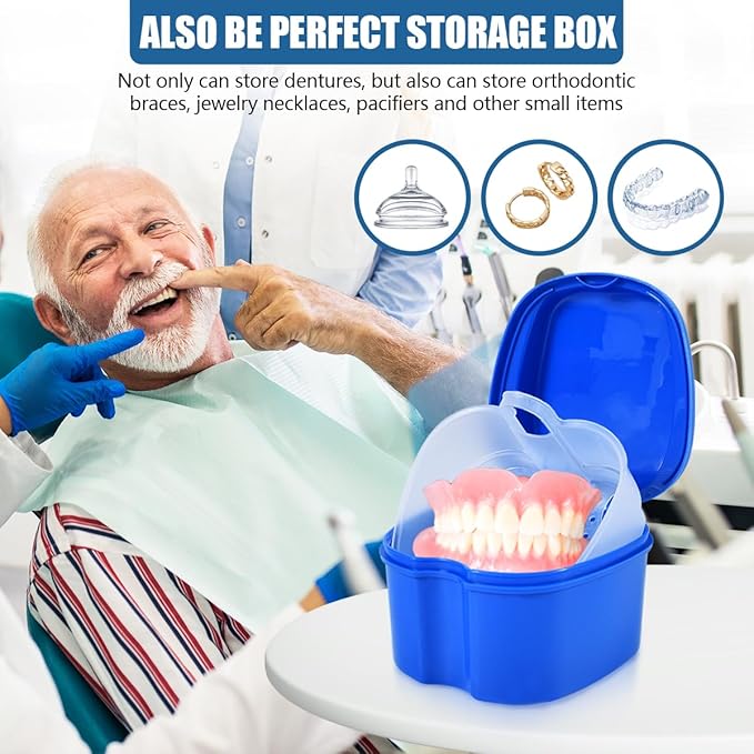 2 Pack Colors Denture Bath Case Cup Box Holder Storage Soak Container with Strainer Basket for Travel Cleaning (Blue and Purple)